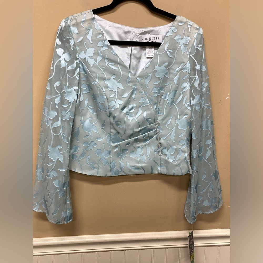 J.R. Nite by Caliendo Blue Green V Neck Evening Blouse Size 10 NWT